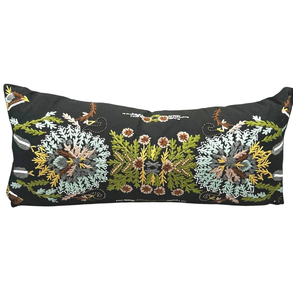 NWOT Rifle Paper Co x Loloi Embroidered Lumbar Pillow Black Floral Beaded 12x27